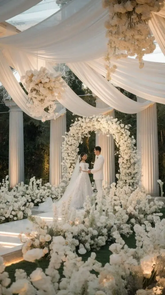 Elegant wedding ceremony with couple under floral arch, surrounded by white flowers and draped fabric, set against classical columns.