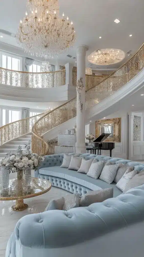 Luxurious living room with elegant spiral staircase, crystal chandelier, curved blue sofa, and grand piano under ornate decor.