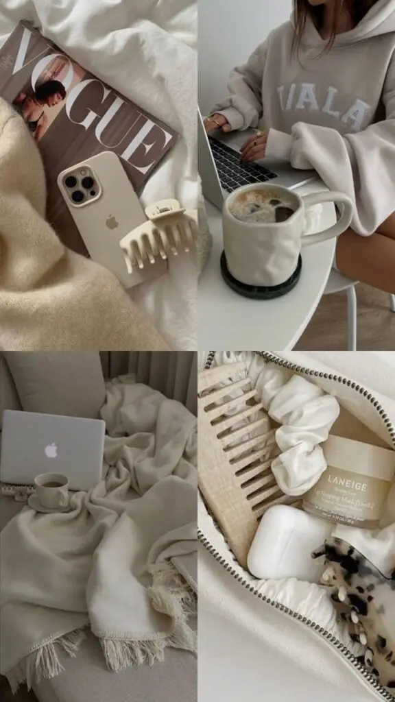 Cozy aesthetic: neutral tones, Vogue magazine, iPhone, coffee, laptop, skincare, hair clip, and soft fabrics. Perfect for relaxation.