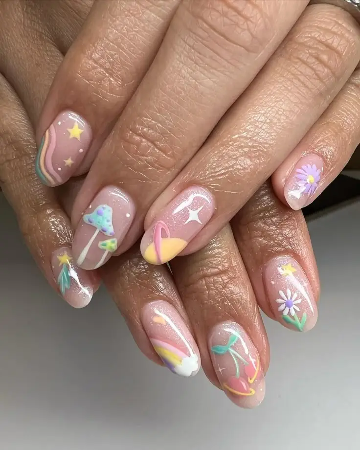 Colorful whimsical nail art featuring flowers, stars, mushrooms, and rainbows on glossy nails. Perfect for fun and creative style inspiration.