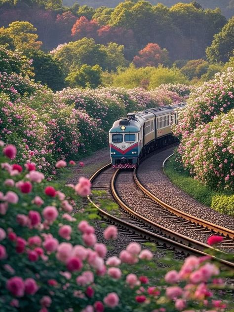 Train traveling through scenic countryside with blooming pink flowers and lush green trees in the background.