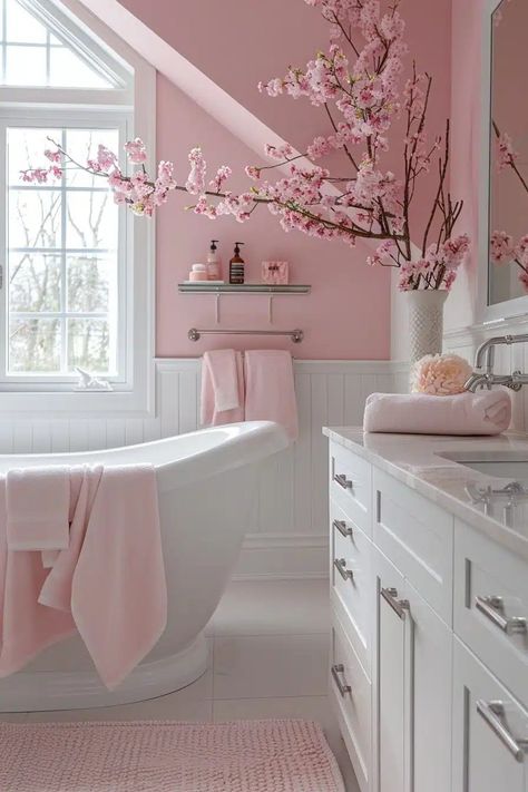 06cf98e9e26733692443363850ca1449 - Handy Home Pink-themed bathroom with cherry blossom decor, featuring a freestanding tub, white cabinets, and a bright window view.
