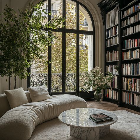 0f50f65eff26a09e864a027c6e41a5cc - Handy Home Elegant reading nook with a curved sofa, marble coffee table, and tall bookshelves by a large window, overlooking trees outside.