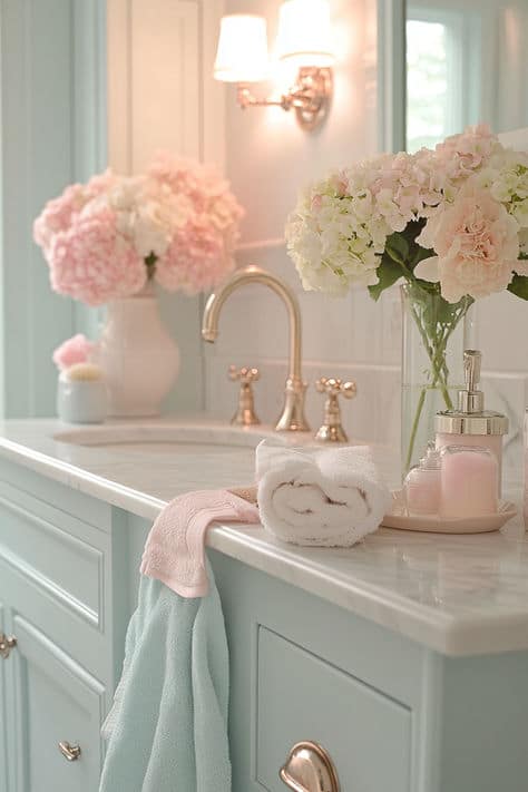 0fda6006602927a1a56763a4c48ecc98 - Handy Home Elegant bathroom vanity with pastel decor, pink hydrangeas, gold faucet, and neatly folded towels for a serene atmosphere.