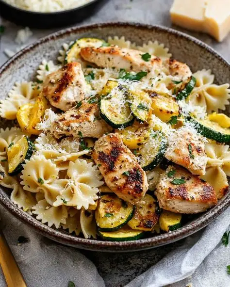 Grilled chicken pasta with zucchini, yellow squash, and Parmesan served in a rustic bowl for a delicious and healthy meal.