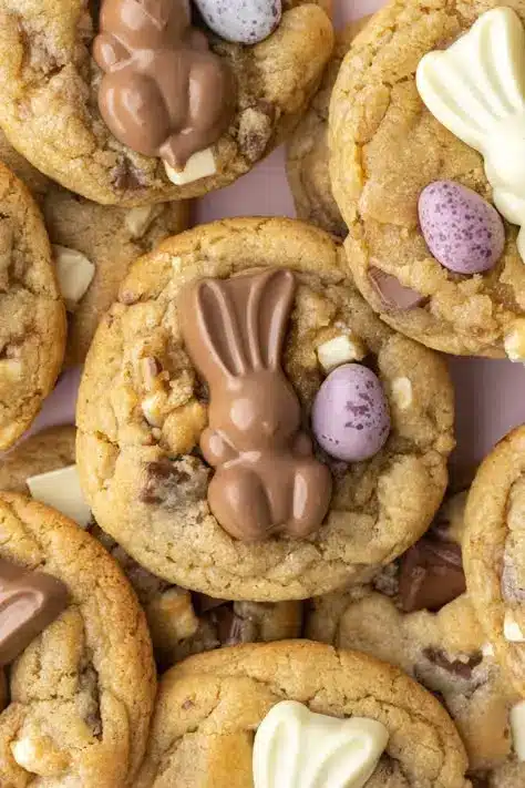Easter cookies topped with chocolate bunnies and speckled eggs, perfect for festive treats.