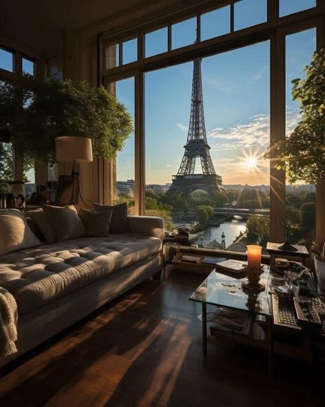 Cozy living room with Eiffel Tower view at sunset, lush greenery, and comfortable seating, creating a serene Parisian ambiance.