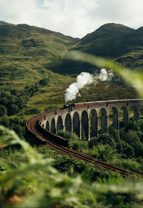 Steam train crossing a scenic viaduct amidst lush, green hills under a cloudy sky. Perfect for travel and nature enthusiasts.