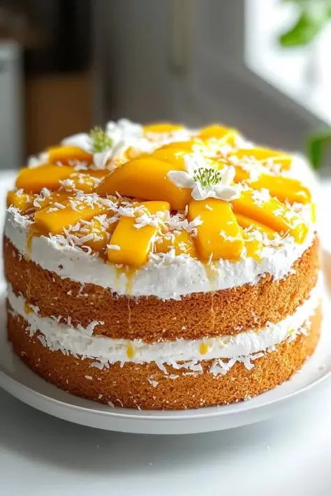 Three-layer mango cake topped with fresh mango slices, whipped cream, and white flowers, perfect for a tropical dessert display.