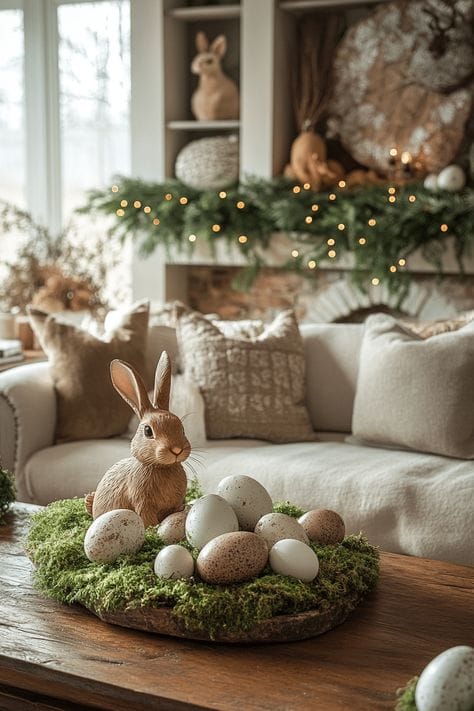 Cozy living room with Easter decor: rabbit statue, eggs on moss centerpiece, sofa, and twinkling lights on greenery.