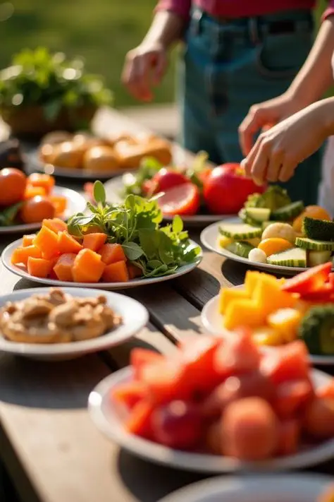 Colorful selection of fresh fruits and vegetables on plates at an outdoor picnic table, with hands reaching for food.