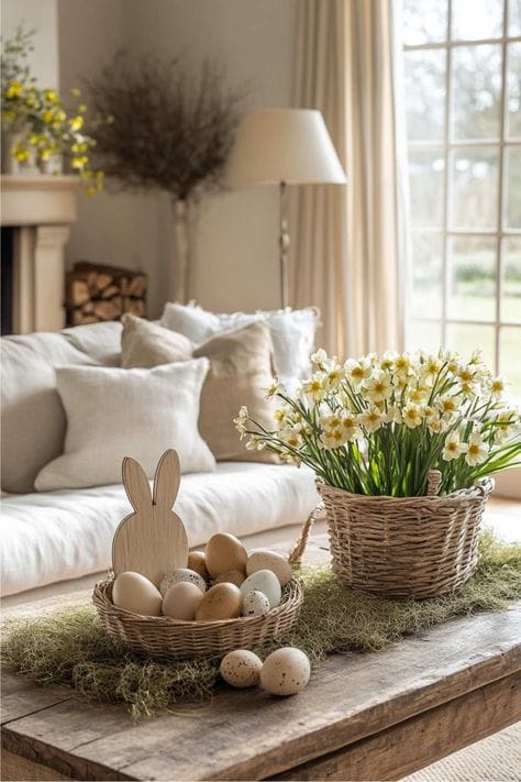 Cozy living room with Easter decor: wicker baskets with eggs and flowers on a rustic table, soft pillows, and large window.