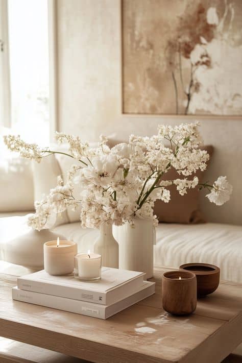 Elegant white flowers and lit candles on a cozy wooden table, creating a serene living room atmosphere with soft natural lighting.