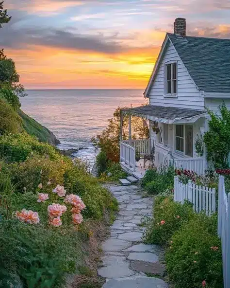 Charming coastal cottage with garden path overlooking ocean at sunset, framed by vibrant flowers and serene nature.