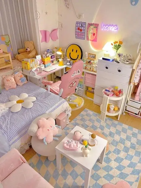 Cute pink-themed bedroom with plush toys, a cozy bed, and a tidy desk. Bright decor creates a cheerful and inviting atmosphere.