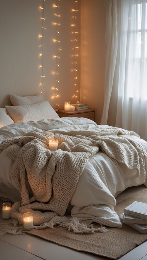 Cozy bedroom with soft lighting, fairy lights, and plush blankets creating a warm, inviting atmosphere perfect for relaxation.