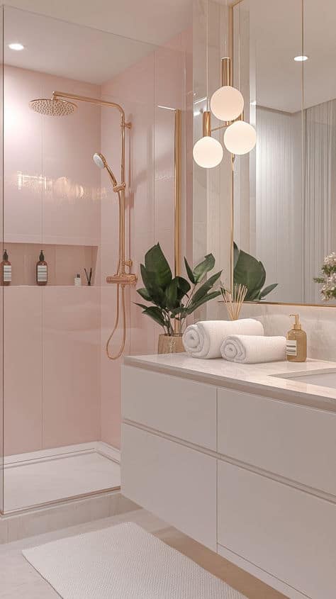 Stylish pink bathroom with gold fixtures, vanity with rolled towels, potted plants, and modern lighting. Luxurious and elegant decor.