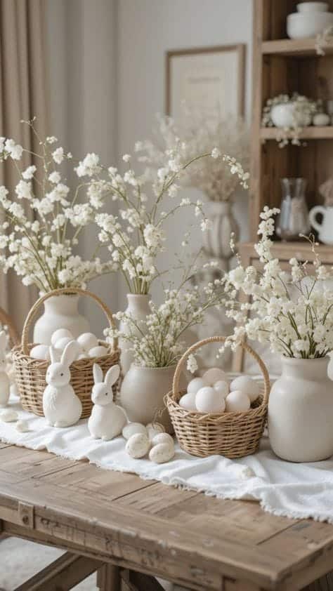Rustic Easter table with white flowers, baskets of eggs, and cute bunny decorations in a cozy, natural setting.