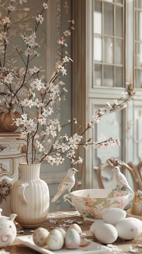 Elegant spring-themed table with cherry blossoms, decorative birds, and painted Easter eggs on a vintage dining setting.