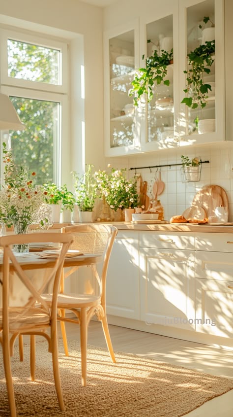 Bright, cozy kitchen with wooden chairs, floral decor, and natural light streaming through the window for a warm, inviting atmosphere.