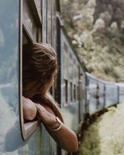 Person leaning out of a blue train window, enjoying scenic nature views during a journey.