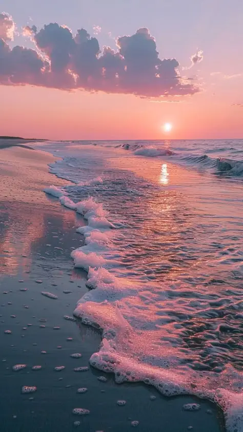 A serene beach sunset with pink clouds reflecting on gentle waves; a tranquil seascape perfect for relaxation and nature lovers.