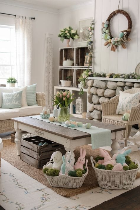 Charming spring-themed living room with pastel decor, tulips, wicker baskets, and a cozy stone fireplace adorned with a floral wreath.
