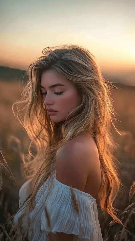 Woman in white dress standing in a sunlit field at sunset, looking down with serene expression, with soft, flowing hair.