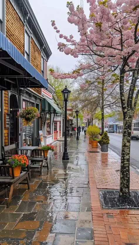 Rainy street with blooming trees, colorful storefronts, and wet pavement. Cozy, vibrant urban scene perfect for spring exploration.