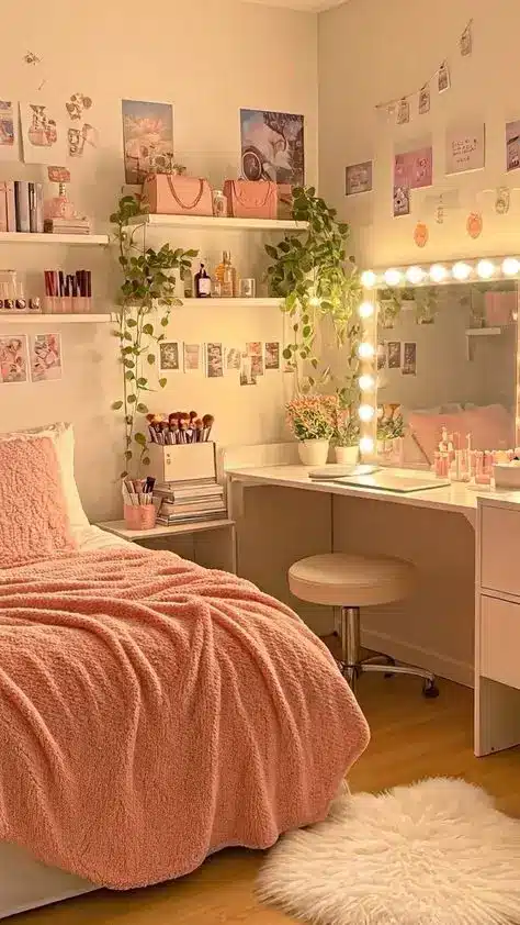 Cozy bedroom with pink bedding, plants, and a lit vanity. Decorated with photos and books for a stylish, relaxing vibe.