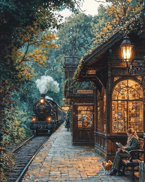 Vintage train arriving at a quaint, forested station, with a person reading and a cat nearby, under warm lamplight.