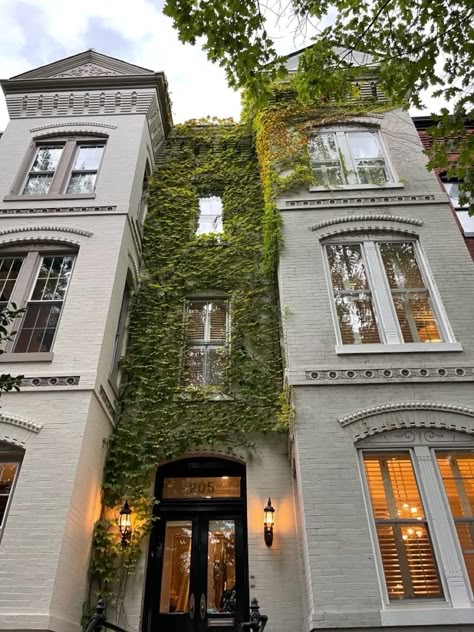 Historic building with vine-covered facade and large windows, showcasing urban architecture and greenery.