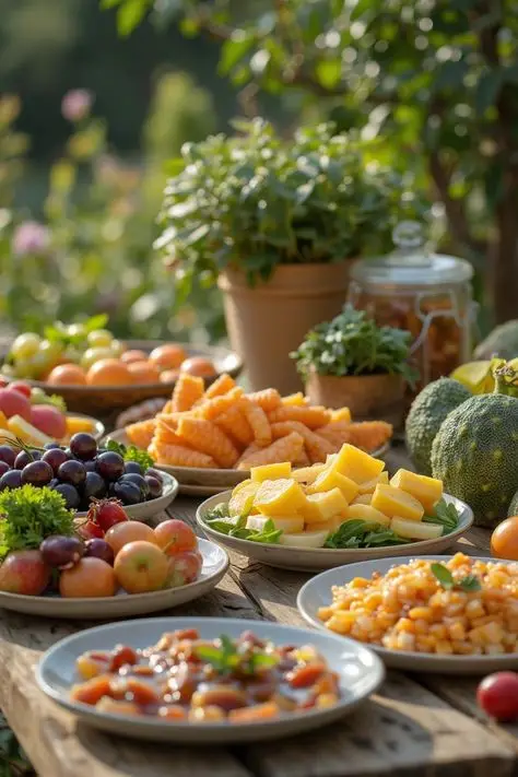 Assorted fresh fruits and vegetables on a rustic table outdoors, with sunlight and greenery in the background, creating a vibrant display.