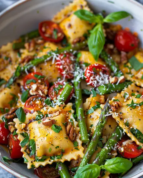 Delicious vegetable ravioli with asparagus, cherry tomatoes, nuts, and basil in a bowl, garnished with grated cheese.