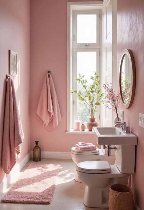 85c5e7cd31392377123bb12d9c148f8a - Handy Home Pink-themed bathroom with towels, rug, and decor. Sunlit window, mirror, plants add a cozy, fresh ambiance.
