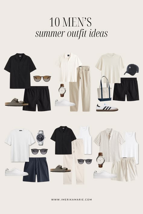 Men's summer outfit inspiration: casual shirts, shorts, pants, sneakers, watches, and accessories. Stylish and versatile.