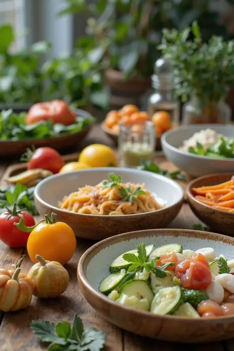 Assorted fresh salads and pasta bowls with tomatoes and herbs on a wooden table, surrounded by greenery and small pumpkins.