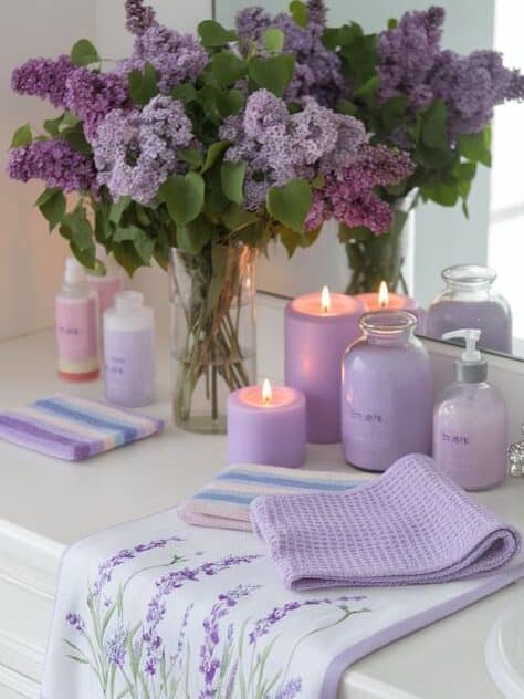 Lavender-themed bathroom decor with candles, towels, and fresh lilacs on a countertop for a serene, spa-like ambiance.