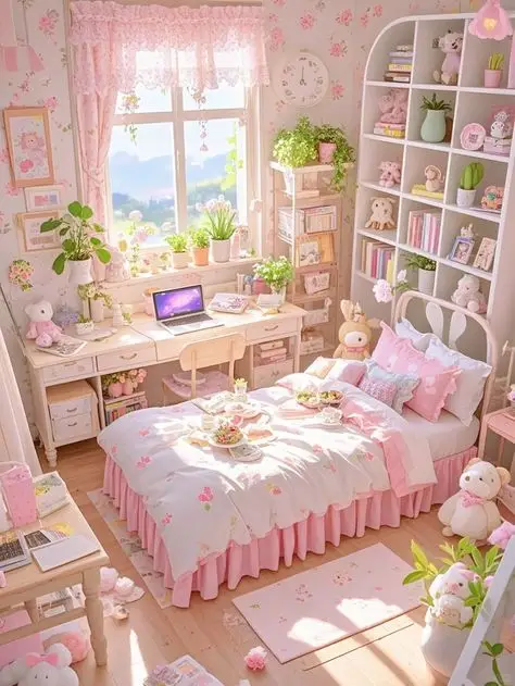 Cozy pink-themed bedroom with cute plush toys, plants, and natural light, perfect for a cheerful and inviting atmosphere.