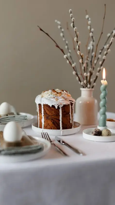 Easter table setting with traditional cake, lit candle, and pussy willow branches in vase, creating a cozy festive ambiance.