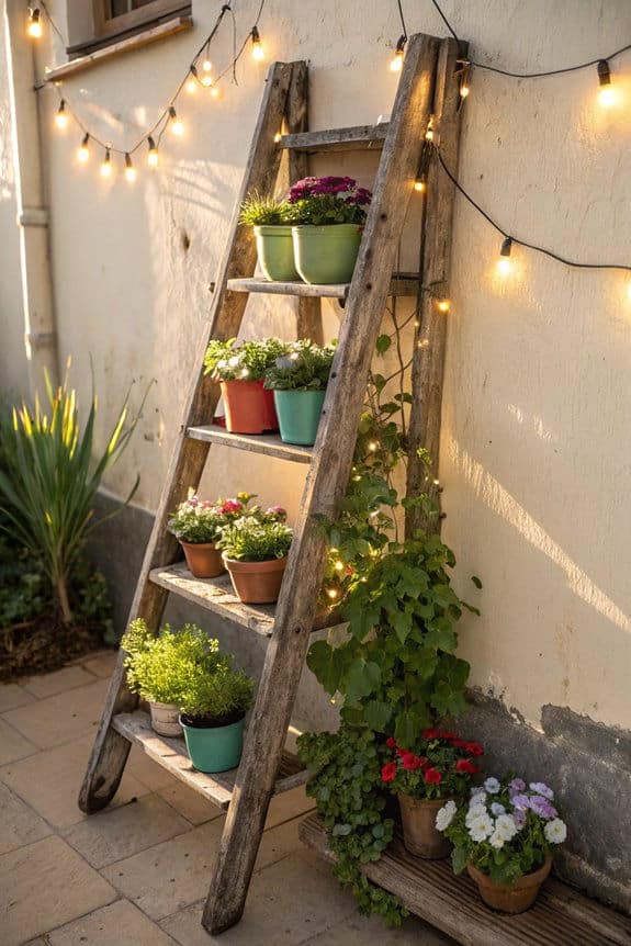 Rustic ladder with potted flowers and string lights, creating a cozy outdoor garden decor on a sunny day.
