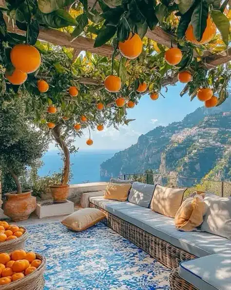 9ab39342e1a9e86921959e4ebd5e6897 - Handy Home Terrace with orange trees, cozy seating, ocean view, and colorful rug, ideal for relaxation and enjoying scenic coastal landscapes.