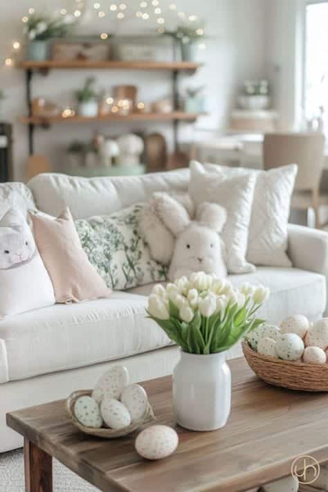 Cozy living room with white couch, Easter decor, bunny pillows, tulips in vase, and speckled eggs on wooden coffee table.