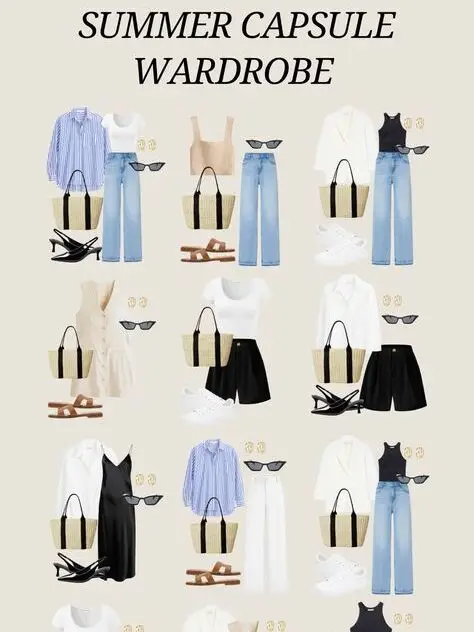 Summer capsule wardrobe essentials: tops, jeans, dresses, shorts, and accessories for stylish and versatile outfits.