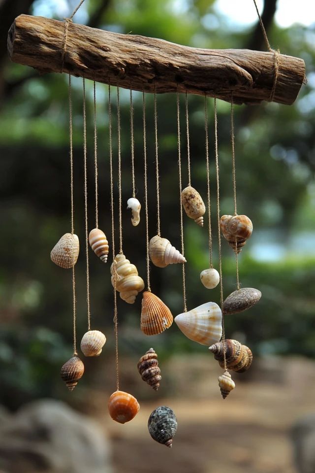 Hanging seashell wind chime made with string and driftwood, set against a blurred natural background.