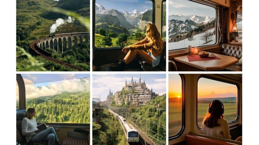 Collage of scenic train views: mountains, forests, and castles, with passengers enjoying the journey and picturesque landscapes.