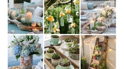Beach-themed decor with candles, driftwood, hanging flowers, potted succulents, and fairy lights. Perfect for outdoor celebrations.