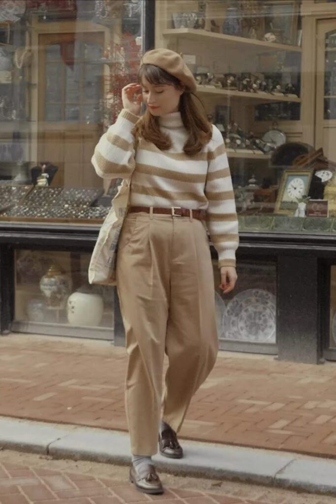 Woman in chic fall outfit with striped sweater and beret walks by shop with antique displays. Cozy street fashion and vintage vibes.