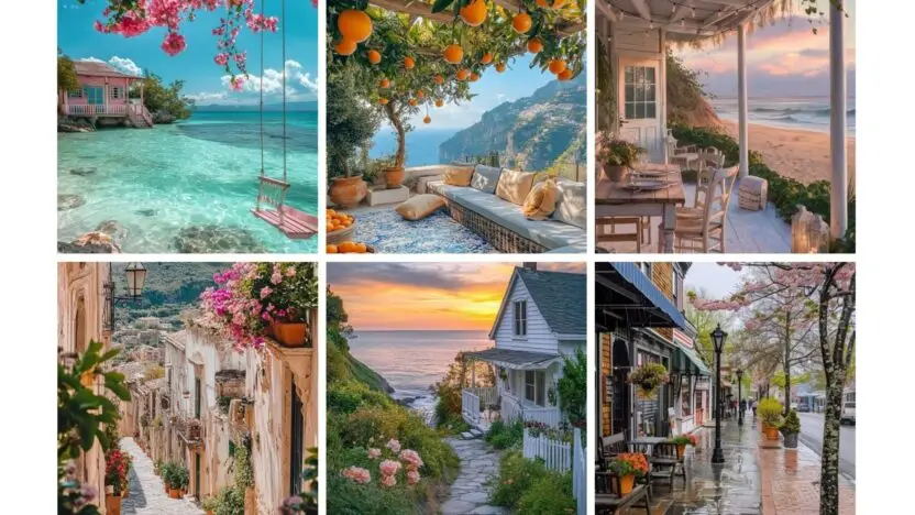 Collage of picturesque travel destinations, including coastal views, charming streets, and cozy outdoor settings. Perfect for wanderlust inspiration.