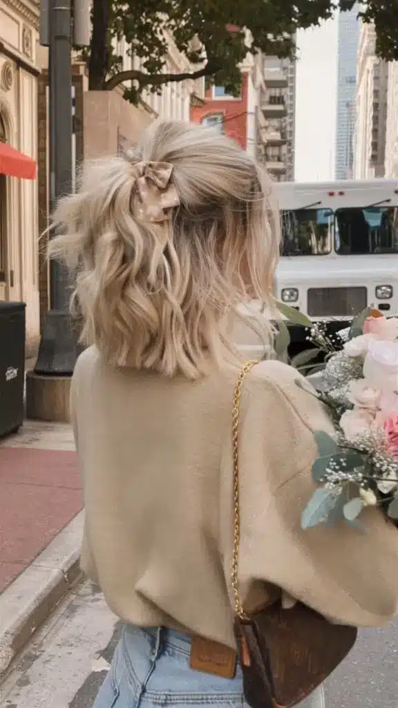 Woman with blonde hair and bow walks in city holding flowers, wearing jeans and camel sweater. Urban fashion and lifestyle.